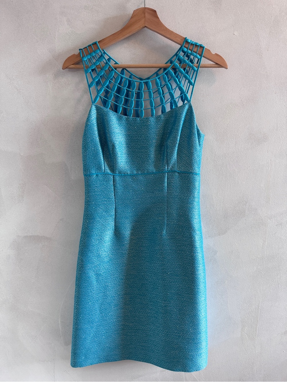 Tahari - Teal Metallic Tweed Mini Dress with Cage Neckline — Sz 2